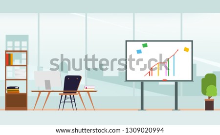 Scene of office room interior architecture and presentation whiteboard.