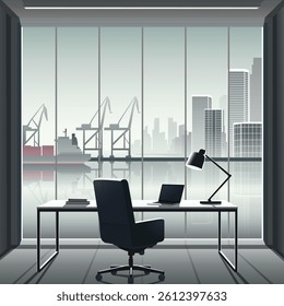 Scene of office room vector illustration with big window overlooking port and city skyline