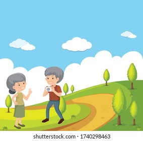 Scene with old couple taking picture in the park illustration