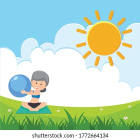 Scene with old woman doing yoga in the park illustration