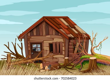 Scene With Old Wooden House In The Field Illustration