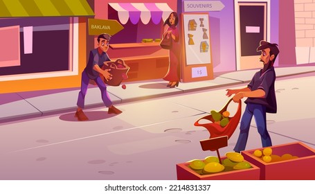 Escena en el bazar árabe con un hombre arroja frutos de una canasta por la carretera. Calle de ciudad egipcia con mercado, tiendas con comida y souvenirs, personas sorprendidas, ilustración de vectores de dibujos animados