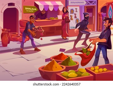 Scene on arabic market with thief run off, scared woman and man drops fruits from basket on road. Egyptian bazaar with surprised people and guy in mask with gold ring, vector cartoon illustration