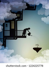 scene on the dreamland, house on the sky, rain on heavens, fairy silhouette, vector