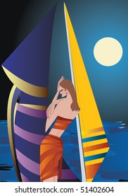 Scene on the seashore - walking young woman and yachts
