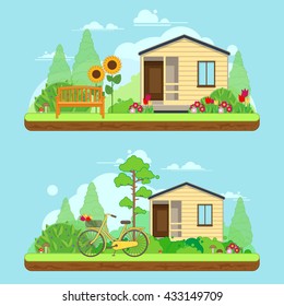 Scene on summer day in garden. Summer landscapes with house, bike and trees. Vector illustration in flat style