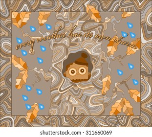 The scene on the theme of autumn with a cute owl in a knitted hat hiding from the rain in the hollow of an oak on a background of leaves and rainy sky