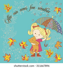The scene on the theme of autumn with a cute girl and a ginger cat under the colorful umbrella on a background of raindrops and falling leaves