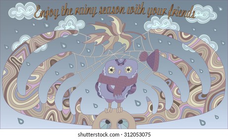 The scene on the theme of autumn with an owl and a moose on the background of clouds and rainy skies