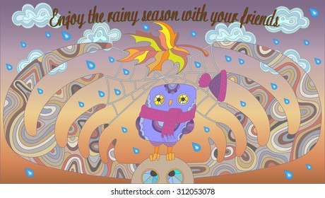 The scene on the theme of autumn with an owl and a moose on the background of clouds and rainy skies