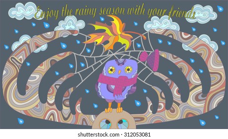 The scene on the theme of autumn with an owl and a moose on the background of clouds and rainy skies