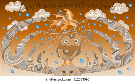 The scene on the theme of autumn with an owl and a moose on the background of clouds and rainy skies