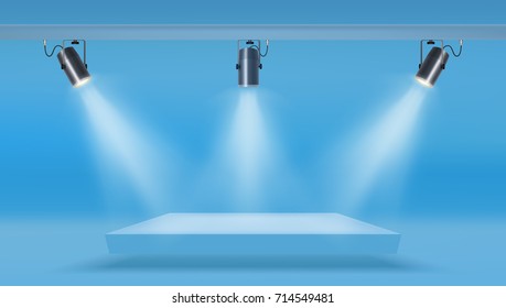 Escena En El Fondo Turquesa De La Habitación Studio Con Tres Lugares Destacados. Vector EPS10