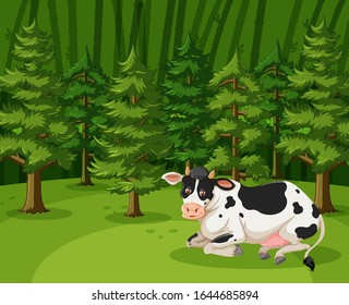 Scene with one cow in the big forest illustration