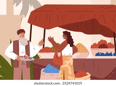 La escena del mercado oriental en la ciudad. Ilustración vectorial de una joven compradora y un anciano comerciante de ropa tradicional que vende frutas y especias