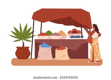 Uma cena em um mercado oriental onde uma garota compra frutas, temperos e romãs. A ilustração vetorial mostra uma loja com uma tenda criando uma atmosfera brilhante.