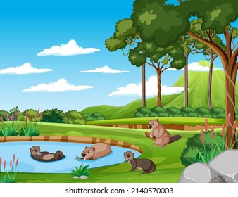 Scene otters and beavers in the forest illustration
