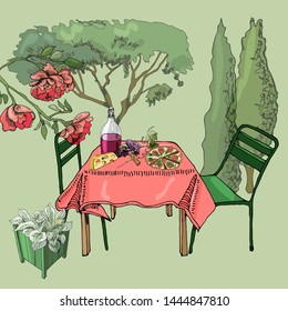 Scene with outdoor lunch. Hand drawn and colored cutout objects. Food, container  plants and furniture in sketch style. Vector illustration.