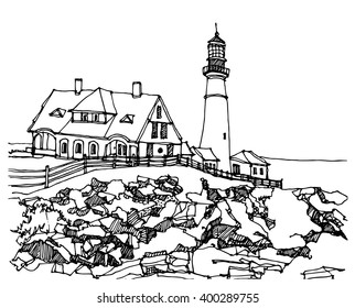 Scene panorama illustration. Hand drawn ink line sketch Portland Head Light lighthouse, Cape Elizabeth, America  with buildings,rocks in outline style perspective view. Postcards design.