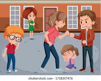 Scene with parents bullying their family at home illustration