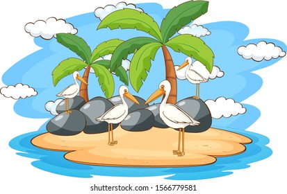 Scene with pelican birds on the island illustration