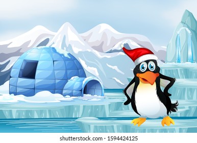 Scene with penguin on ice illustration