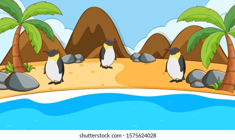 Scene with penguins on the beach illustration