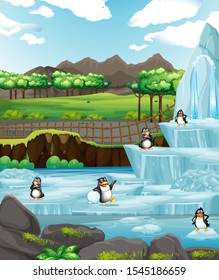 Scene with penguins on ice illustration