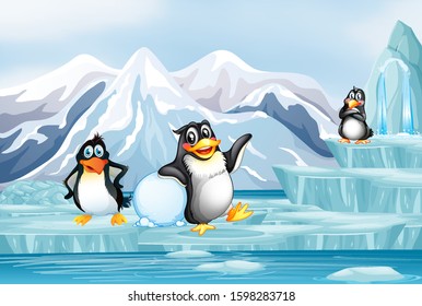 Scene with penguins on ice illustration