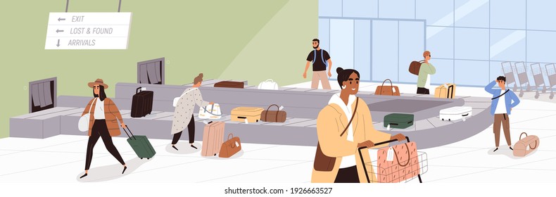 Scene with people at airport baggage claim area. Passengers at conveyor belt with luggage. Carousel with bags and suitcases at international terminal. Colored flat vector illustration