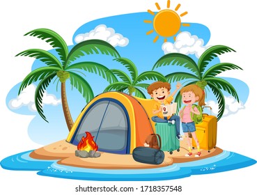 Scene with people camping out on the island illustration