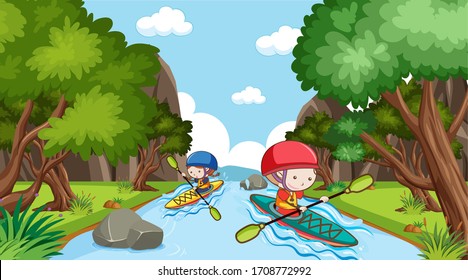 Scene with people canoeing in the river illustration