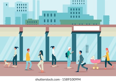 Scene with people characters walking down street - parents with baby, students and business people hurrying to work, flat vector illustration on cityscape background.