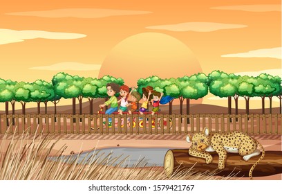 Scene with people and cheetah at the zoo illustration