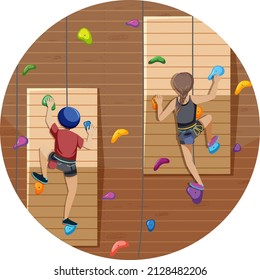 Scene with people climbing rock indoor on circle artboard illustration