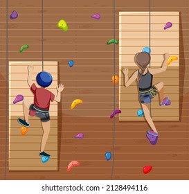 Scene with people climbing rock indoor on circle artboard illustration