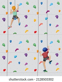 Scene with people climbing rock indoor on circle artboard illustration