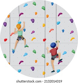 Scene with people climbing rock indoor on circle artboard illustration