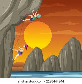 Scene with people climbing rocky moutain illustration