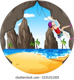 Scene with people climbing rocky moutain on circle artboard illustration