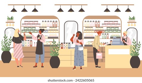 Scene with people in a cosmetics store. Vector flat illustration depicting sellers and buyers. Interior of a perfume shop with skin care products. Flat illustration template for banner or flyer.