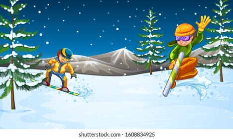 Scene with people doing snowboarding in the field illustration