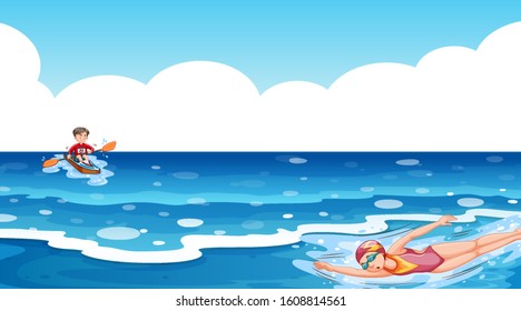 Scene with people doing water sport in the ocean illustration