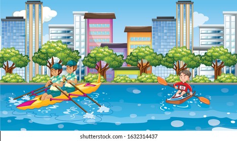Scene with people doing water sports in the city illustration