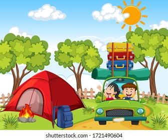Scene with people driving at the camp site illustration