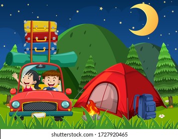 Scene with people driving and camping at night in the park illustration