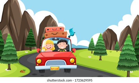 Scene with people driving in the countryside illustration