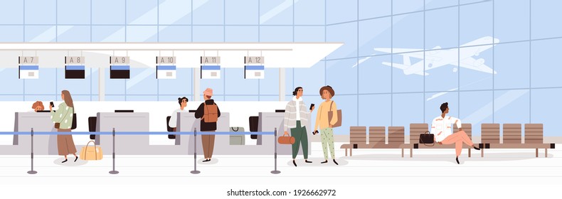 Scene with people during registration at airport counter check-in. Panorama of air terminal interior with tourists. Colored flat cartoon vector illustration of passengers waiting for plane departure