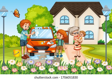 Scene with people in family relaxing at home illustration