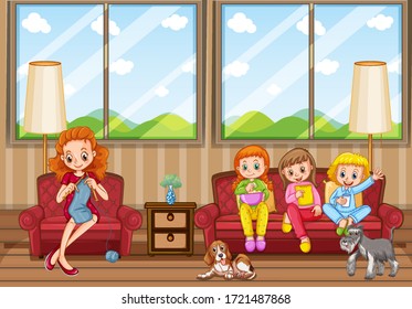 Scene with people in family relaxing at home illustration